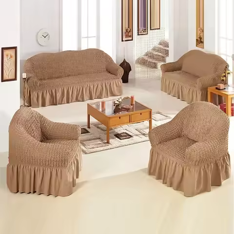 Seersucker Sofa Slipcover Elastic Sofa Cover with Skirt Full Coverage L Shape Corner Couch Cover All
