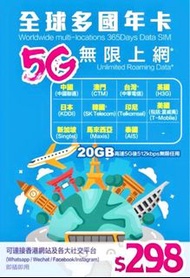 全球多國年卡 5G無限上網 20GB後限速