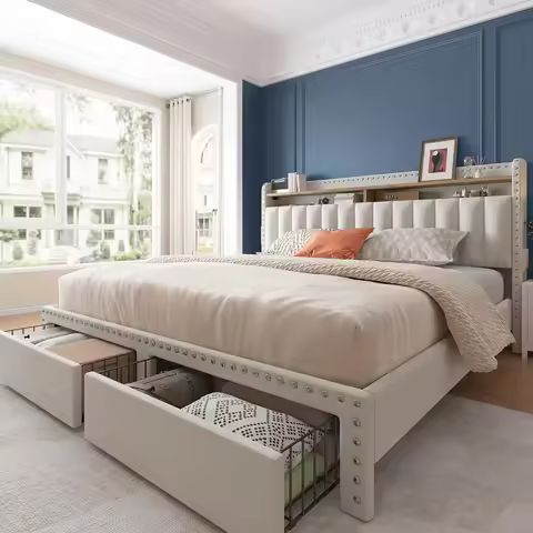 Queen Bed Frame with Headboard and Storage, Upholstered Queen Bed Frame with Storage, Queen Size Bed