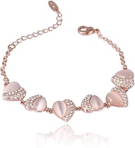 18K Rose Gold Plated Heart Link Bracelet for Women, Dainty 1cm Simulated Cat's Eye &Pavé CZ Heart-to