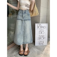 Women's high-waisted A-line long jeans skirt, demin with 2 front pockets, hottrend Ulzzang style KoK