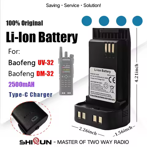 Baofeng DM-32 Walkie Talkie Battery 7.4V UV-32 Li-ion Rechargeable Battery 2500mAh BC-32UV Type-C Ch