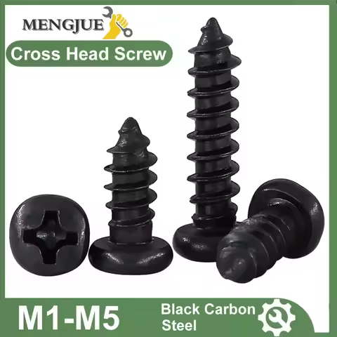 100pcs Black Carbon Steel Screws M1 M1.2 M1.4 M1.5 M1.7 M2 M2.3 M2.6 M3 M3.5 M4 M5 Cross Round Head 