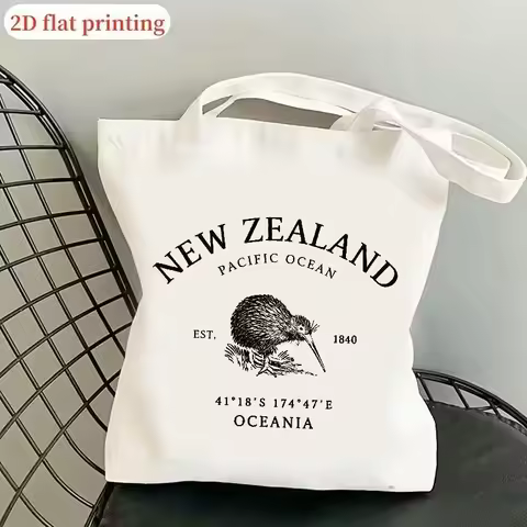 Vintage New Zealand Kiwi Bird Canvas Tote Bag - Aesthetic Oceania Pacific Ocean Reusable Shopping Ha