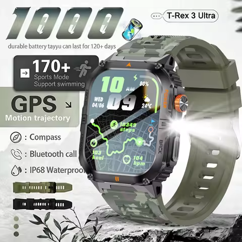 Military T-Rex 3 Ultra 1000mAh Battery Smart Watch Men IP68 Waterproof Flashlight Heart Rate Sports 