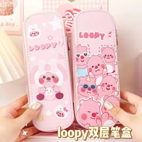 Cute Beaver Loopy double-layer pencil case Pororo cartoon anime large capacity pen bag student stati