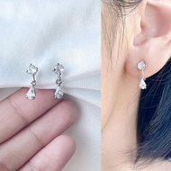 [หนีบ เจาะ] ต่างหูเพชรห้อยเพชร สีเงิน สีทอง แบบเจาะเข็มเงิน 925 สำหรับคนไม่เจาะหู แป้นใสหนีบสบาย ใส่