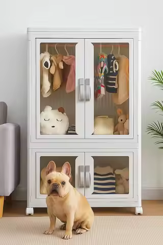 Pet Clothing Storage Cabinet with Hanging Rod Foldable Plastic Storage Bin 2-Tier Dog Clothes Organi