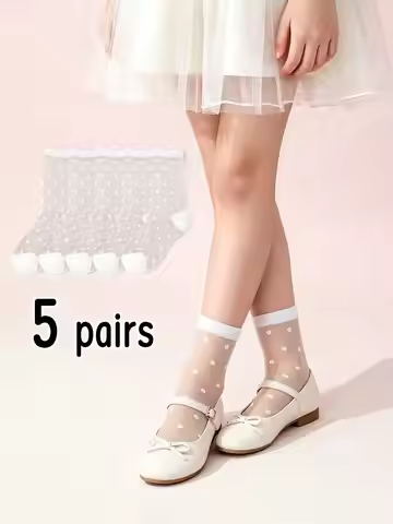 2/5Pairs Girls Polka Dot Crystal Socks 1-9Y Summer Ultra-Thin Breathable Nylon Spandex Cool Casual A