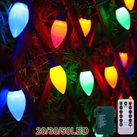 Battery C7 Bulbs Christmas String Lights Remote Control LED Strawberry Garland Fairy Lights Outdoor 