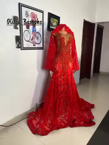 Opulent Red Svarf Aso Ebi Prom Dress Luxury Rhinestone Blackgirls 2 In 1 Mermaid Evening Dress Wowed