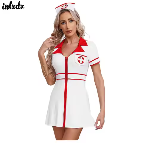 Womens Nurse Uniform Halloween Doctor Maid Cosplay Outfit Nurse Costume Short Sleeve Front Zipper Cr