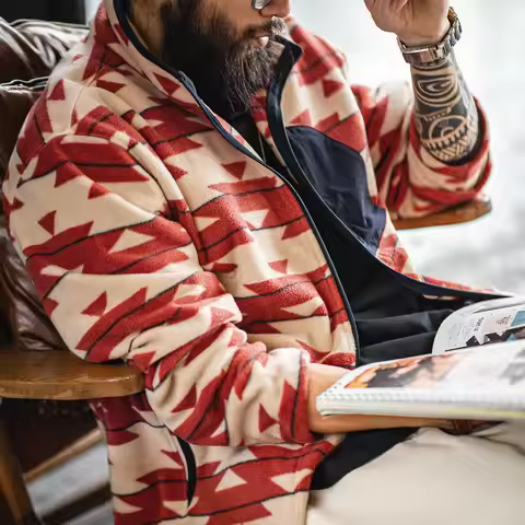 Maden Men's Navajo Pattern Fleece Full Zip Jacket with Stand Collar Vintage Cardigan for Spring Outd