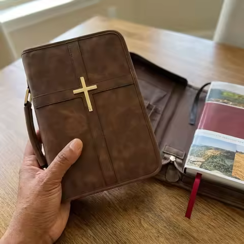 Cross-themed Vegan Leather Bible Cover with Phone Pocket Built-in Bookmark Ribbon Bible Carrying Cas
