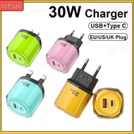 PD 30W Fast Charger USB+Type C Port Quick Charging Head Power Adapter US/UK/EU Plug Universal Travel