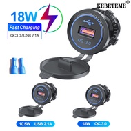 KEBETEME 18W Car Charger 12V/24V USB Quick Charge Socket Waterproof Outlet Car Truck Boat Motorcycle