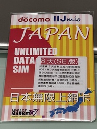 日本 原生 電話卡 無限上網 Docomo Japan Unlimited Data SIM 8日 純日系 IIJ