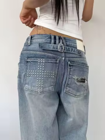 Summer Jeans Women Washed Distressed Rhinestone American Vintage Y2K Street Style Straight Loose Wid