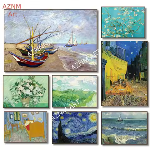 1PC Famous Artist Van Gogh Canvas Painting Print Starry Sky Iris Flower Sea Boat Landscape Poster Pi