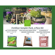 Fertilizer Sampler Pack - 3 Piece Kit (Bioplus, NZ Sheep Dung, 13-13-21) (Fruits, Vegs & Flowering p