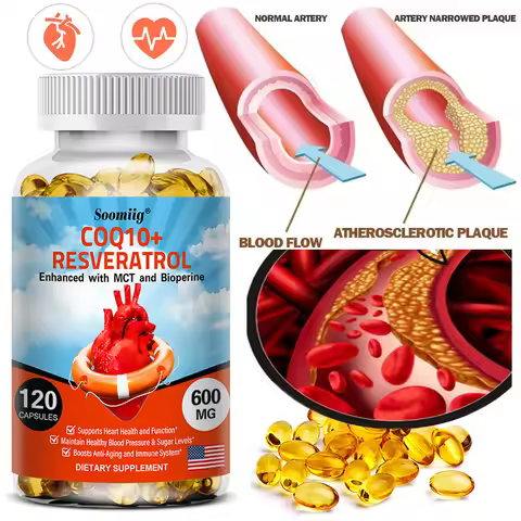 120 CoQ10 + Resveratrol Capsules Supplement to Support Energy, Vitamins, Heart Health and Blood Pres