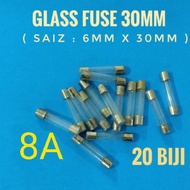 20Biji 8A 30mm Glass Fuse