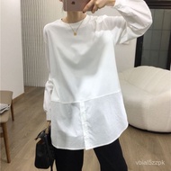 Casual Long-Sleeved T Back Collar Design Feel Simple Cotton Shirt Stitching Korean Version Round Nec