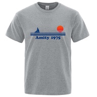 Amity 1975 - Tshirt Cetakan Retro Jaws Lelaki Pakaian Kreatif Sweatshirt Fesyen Baju T-Shirt Kapas B