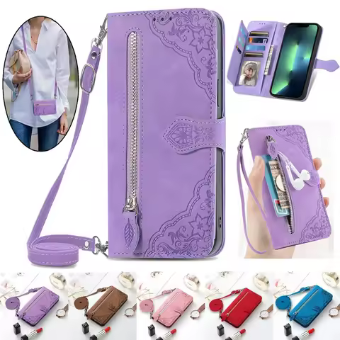 Crossbody Zipper Wallet Card Flip Case for iPhone 17 Air 16E 15 Pro Max 11 12 13 14 Plus 16 E 5G 202