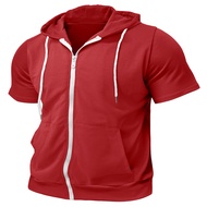 Mens Zip-up Hooded T-Shirt Summer Short Sleeve Hoodie Tee Solid Color Full Zipper Tee Shirt with Poc