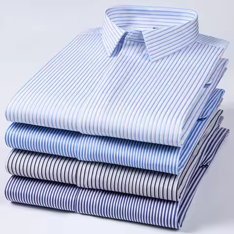 7XL Elasticity Mens Shirts Long Sleeve Big Sizes Anti-wrinkle Business Stripe Shirt Hidden Button Cl