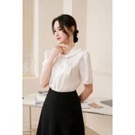 TIINSTORE Áo sơ mi cổ trụ nơ lệch màu trắng AHN1007