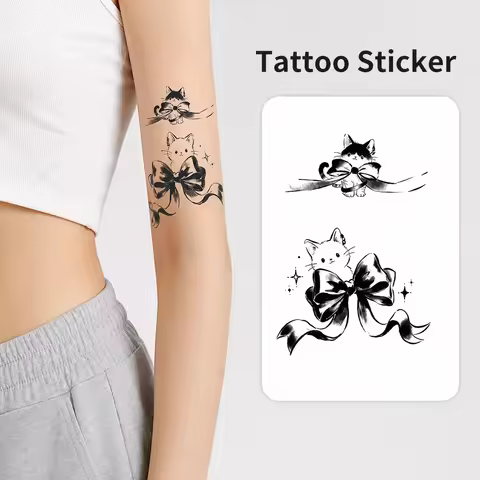 Jagua tattoo Cat Bow Floral Temporary Tattoo Sticker, Disposable Waterproof Collarbone Body Art Deca