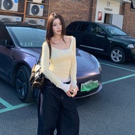 เสื้อยืดแขนยาวสองชิ้นสไตล์อเมริกันสำหรับผู้หญิง E7Q8 เสื้อเชิ้ตแขนยาวทรงสลิมฟิตสีบล็อกสไตล์หวานและเผ