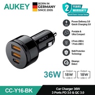 Aukey CC-Y16 Car Charger 36W 3 Port USB a, C Fast Charging PD 3.0 QC 3.0