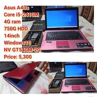 Asus A43s Core i5-2410M 4G ram 750G HDD 14inch Windows10 NV GT540M-2G Price: 5,300