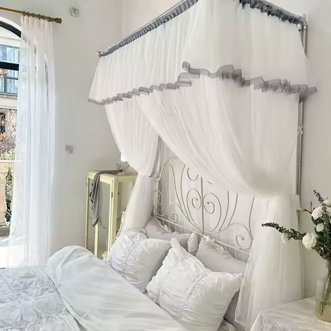 U Type Retractable White Mosquito Net for Home Decor with Bracket Girls Room Princess Palace Bed Cur