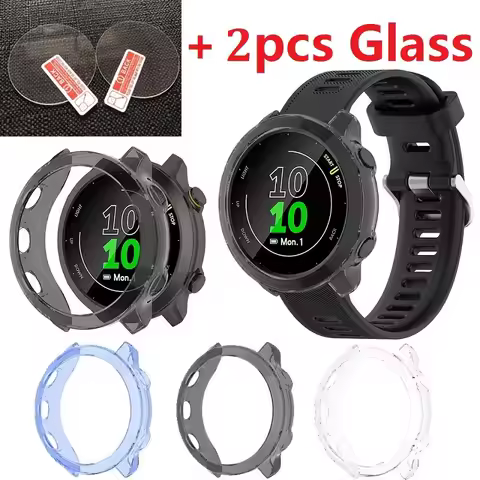 2pcs Tempered Glass+Case for Garmin Forerunner 55 Screen Protector & Protective Bumper Cover for Gar