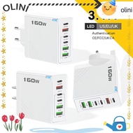 OLINI Phone Charger Adapter, EU/US/UK 6 Ports 160W Charger Plug,  Fast Charging USB A+C with LED Mul
