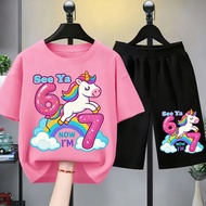Girls' T-Shirt Set Shirt Short Unicorn Pattern Number 6 7 Rainbow Color Sweet Style