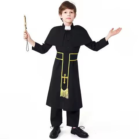 Children Priest Ascetic Cosplay Black Robe for Boys Kids Religious Pastor Father Choir Costume Hallo
