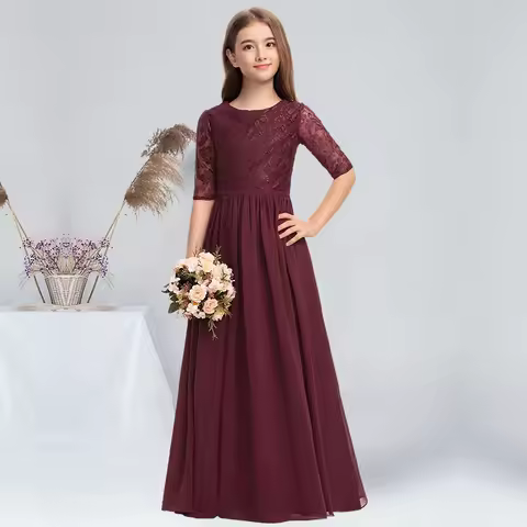 A-line Scoop Floor-Length Chiffon Lace Junior Bridesmaid Dress Princess Cabernet Little Girl Flower 