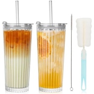 18oz Ribbed Glass Tumbler with Lid and Straw Set of 2: Leak-Proof Drinking Glasses to Go, Reusable I
