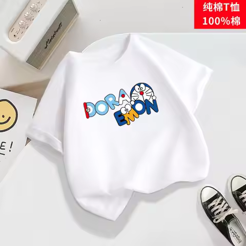 Dingding Cat Children's Summer Short-Sleeved Clothing - Doraemon Shirt for Boys - Pure Cotton T-shir