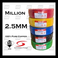 MILLION 100% Pure Copper Malaysia 2.5MM Electric Cable PVC All Colours 100 Meter (SIRIM)