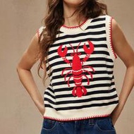 Round Neck Multi Stitch Summer Lobster Red Intarsia Sweater Tank Top, Fall, Autumn, Cowgirl, Western