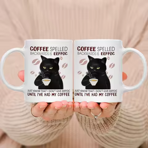 1pcs Coffee Spelled Backwards Is Eeffoc Coffe Mug Black Cat Mug Funny Black Cat Drinking Coffee Mug 
