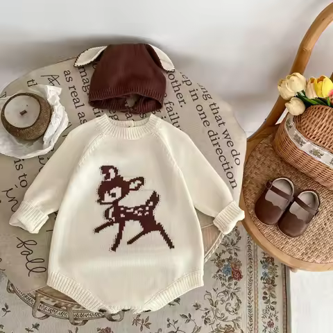 7485 Baby Knitted Bodysuit Autumn New Deer Print Baby Boy's One Piece Clothes Knitted Girl's Clothes