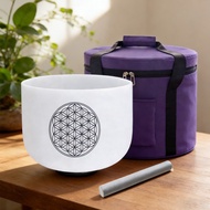 Hye-eun 8inch Blue Life Flower FrostedQuartz Crystal Singing Bowl Chakra 440hz/432hz/528hz with Free