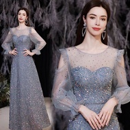 Blue long sleeve evening dress ball gown sequin dress for performance stage host evening gown Prom D